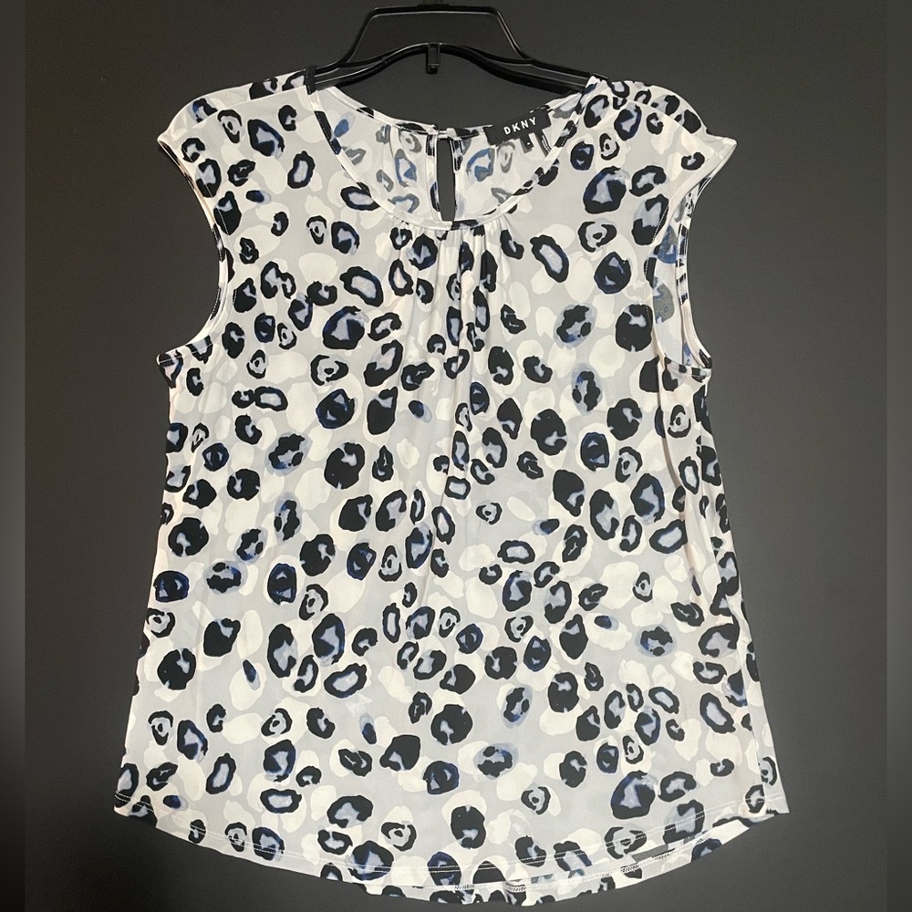 DKNY Women's Top - Black, White, and Blue Leopard Print